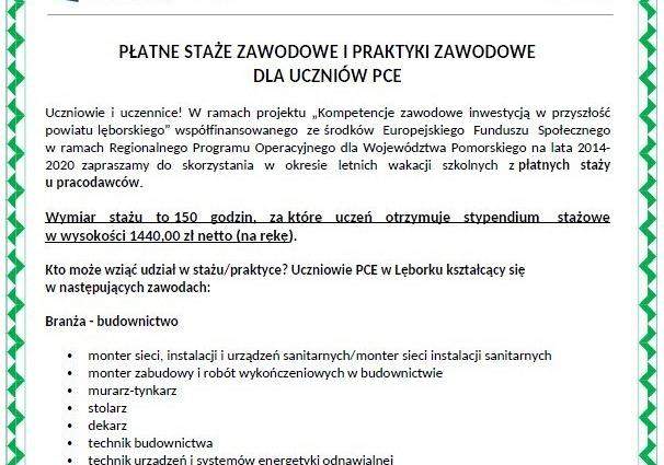 PŁATNE STAŻE ZAWODOWE I PRAKTYKI ZAWODOWE DLA UCZNIÓW W 2021 ROKU!