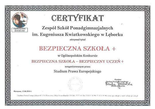 Certyfikat Bezpieczna Szkoła